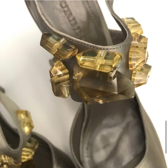 Burberry Citrine Crystal Satin Peep Toe Heels 41 - Picture 10 of 16